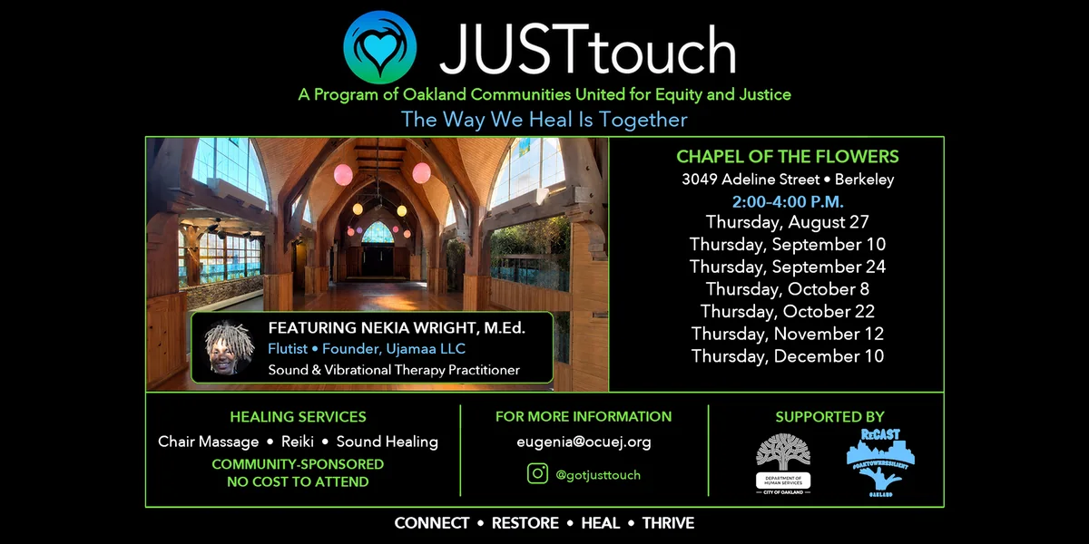 Promotional artwork for NO COST JUSTtouch Massage and Sound Healing Series