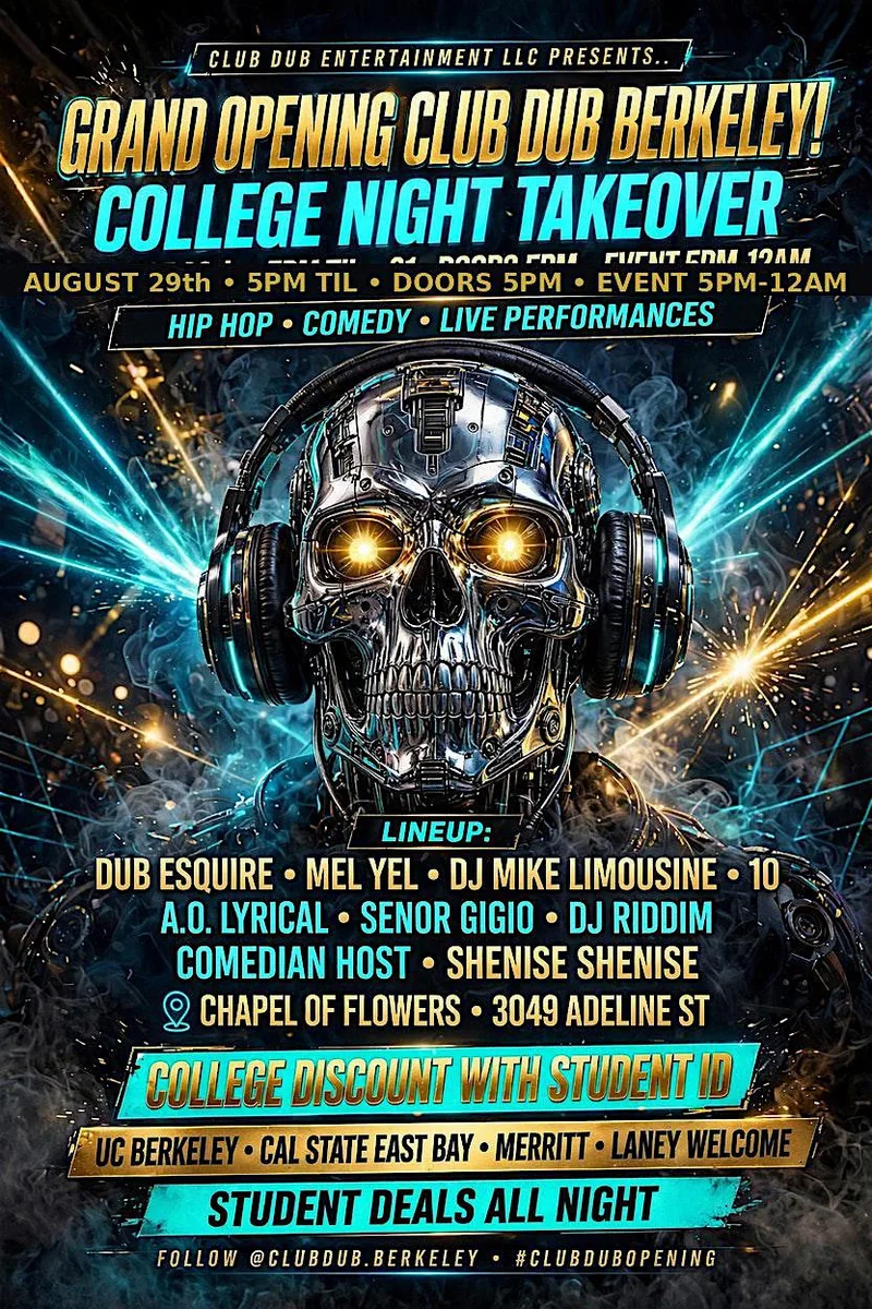 Promotional artwork for GRAND OPENING CLUB DUB BERKELEY!